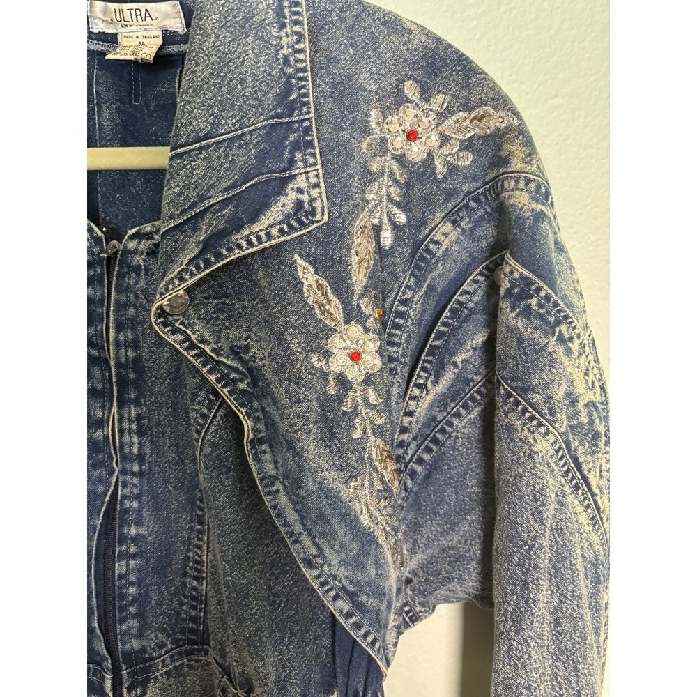 Vtg 80s ULTRA Acid Wash Denim Faux 2-Piece Dress XL Western Rhinestones Pockets - Picture 3 of 8